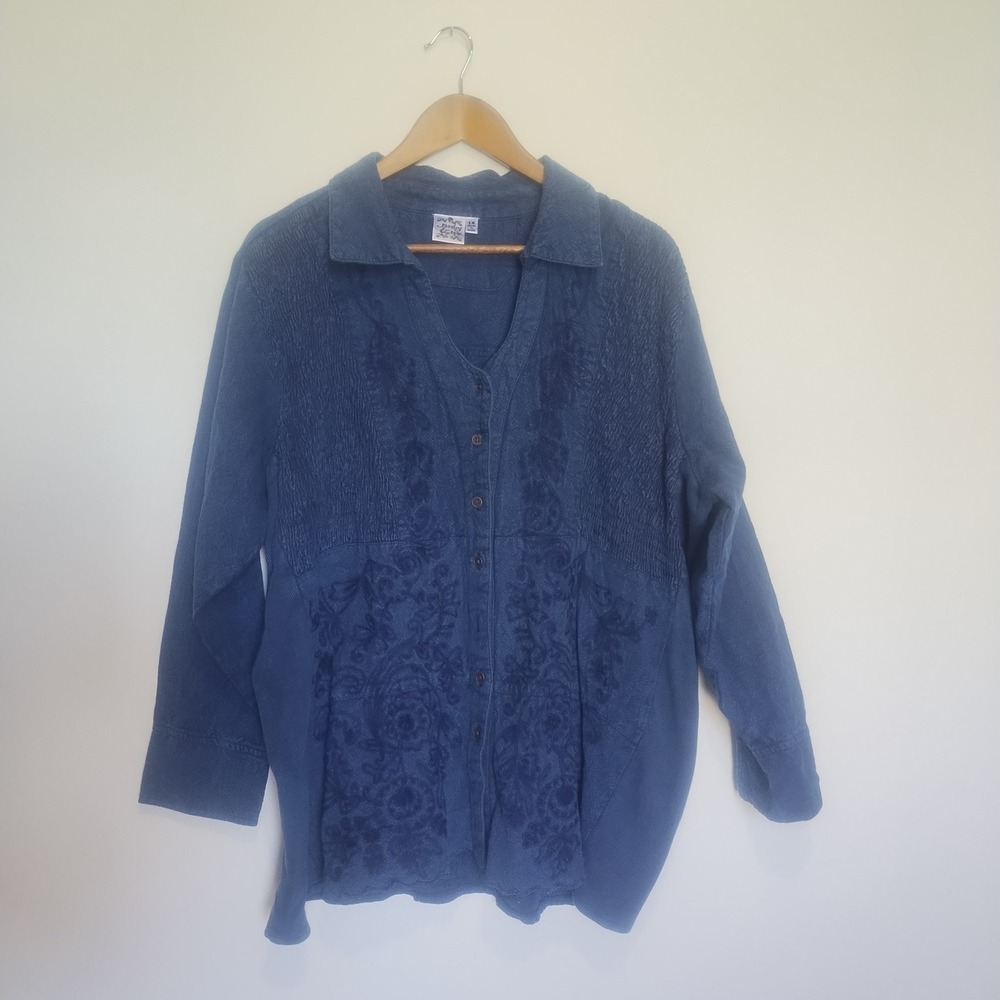 Parsley & Sage Button Up Shirt Womens 1X Blue Embroidered Collared Boho Artsy
